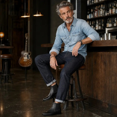 Homme portant les Boots 79410 en cuir noir dans un bar élégant avec style casual luxe