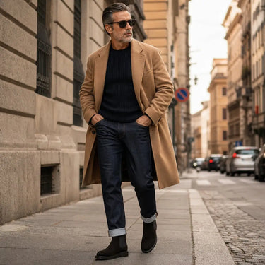 Chelsea Boots 54002 daim marron Sycomore portées avec style urbain et camel overcoat