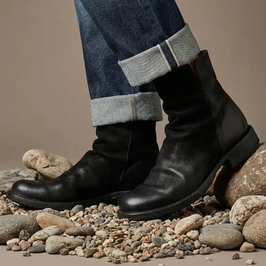 Eternity-elf, botte noire en cuir avec jean brut, style rock premium