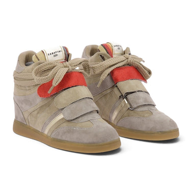 Baskets compensées Serafini Manhattan 05 moodeshop en cuir velours beige avec détails colorés et fermeture à scratch