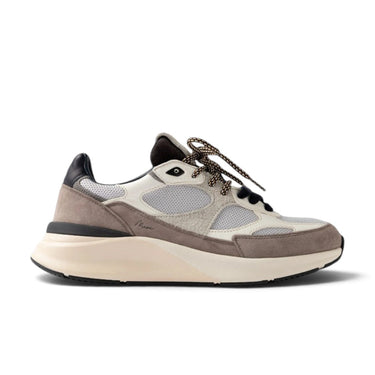 Basket runner D.A.T.E. Musa chez moodeshop en suède taupe, mesh gris et cuir blanc cassé avec semelle chunky bicolore