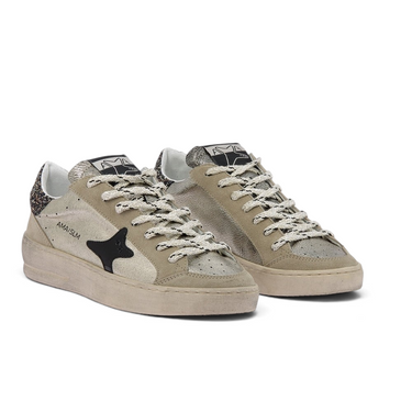Baskets Ama brand Slam 4722 gold-beige en cuir et daim avec détails pailletés, vendues par moodeshop
