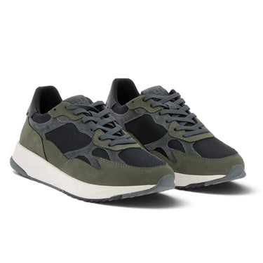 Baskets Clae Zuma olive en cuir et suède avec semelle en gomme, disponibles chez moodeshop