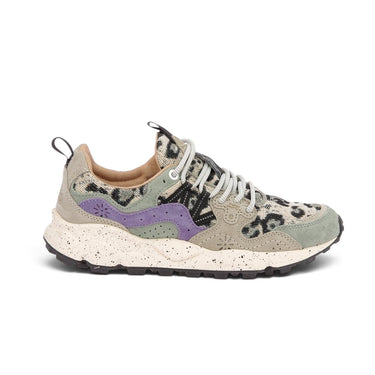 Baskets Flower Mountain Yamano 3 moodeshop en daim et tissu imprimé léopard taupe, cipria et noir avec semelle trail