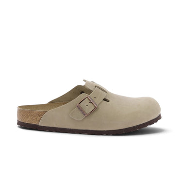 Sabot Birkenstock Boston moodeshop en cuir velours marron tabac avec semelle en liège et boucle réglable