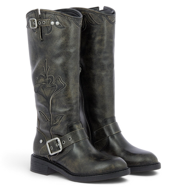 Bottes biker Ash de moodeshop en cuir noir vieilli avec broderies florales, boucles métalliques et talon bas