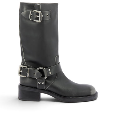 Bottes artisanales Gisel moiré Chester couleur fumo en cuir avec boucles métalliques, vendues par moodeshop