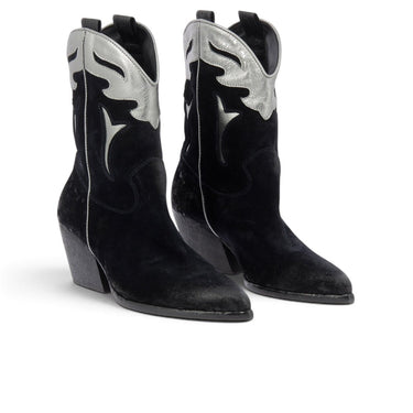 Bottes western artisanales Elena Iachi pour moodeshop en cuir velours noir et détails argentés avec talon de 6 cm