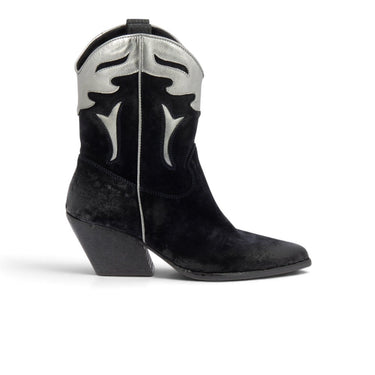 Bottes western Elena iachi pour moodeshop en cuir velours noir et détails argentés avec talon biseauté