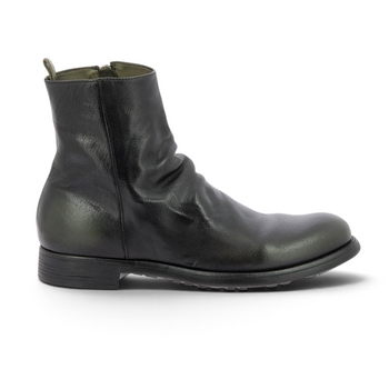Bottines artisanales officine créative en cuir patiné olive et noir avec fermeture éclair latérale et semelle en gomme