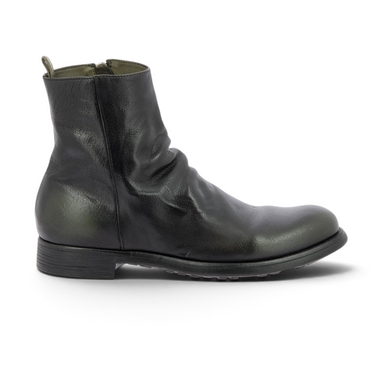 Bottines artisanales officine créative en cuir patiné olive et noir avec fermeture éclair latérale et semelle en gomme
