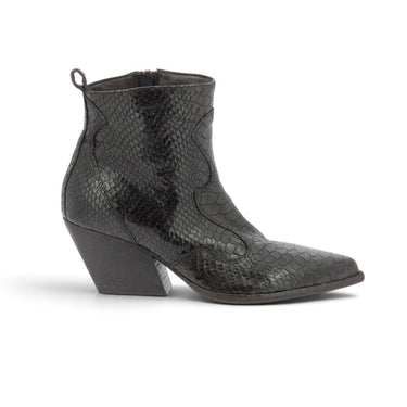 Bottines moodeshop Elena Iachi en cuir noir effet serpent avec talon biseauté de 6 cm, fabriquées en Italie