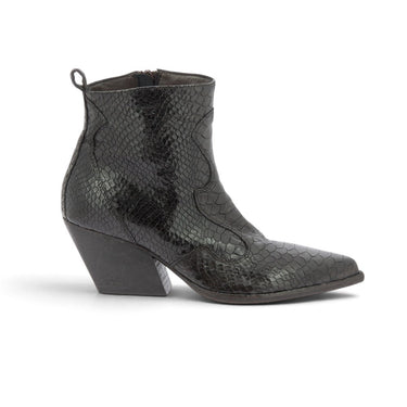 Bottines moodeshop Elena Iachi en cuir noir effet serpent avec talon biseauté de 6 cm, fabriquées en Italie