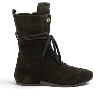 Bottines montantes artisanales Bronx moodeshop en daim huilé couleur coffee bean avec lacets et semelle gomme