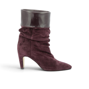 Bottines moodeshop en daim prune avec revers en cuir lisse et talon recouvert de 6 cm, fabrication artisanale italienne