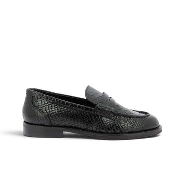 Mocassins artisanaux moodeshop Bronx en cuir noir avec motif effet serpent et petit talon de 1 cm