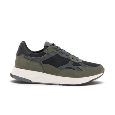 Baskets Clae Zuma olive en cuir et daim avec semelle en gomme, disponibles chez moodeshop