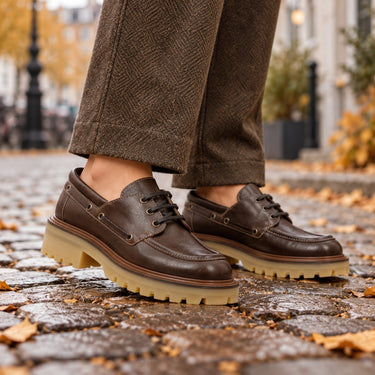 Chaussures derby Billi bi en cuir marron testa di moro avec semelle crantée en caoutchouc, portées en extérieur