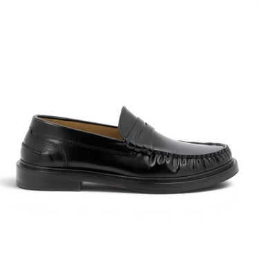 Mocassin Bobbies Allen noir en cuir poli artisanal avec semelle cousue et patin gomme, vue de profil.