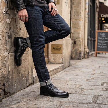 Mocassin Colbert noir en cuir de veau lisse par moodeshop, style artisanal fabriqué au Portugal avec talon en gomme