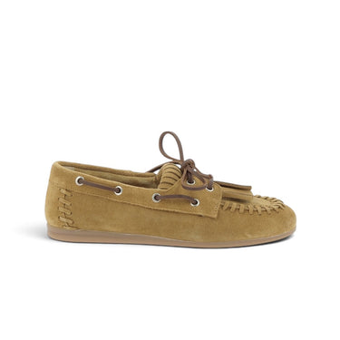 Mocassins artisanaux Magda de moodeshop en cuir velours tan avec lacets et détails cousus main