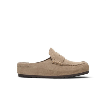 Mules moodeshop Naples en cuir suédé taupe avec surpiqûres apparentes et semelle ergonomique