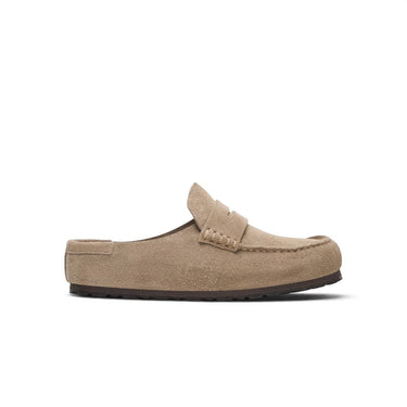 Mules moodeshop Naples en cuir suédé taupe avec surpiqûres apparentes et semelle ergonomique