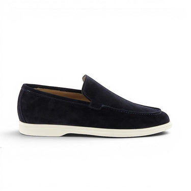 Moodeshop navy blue suede leather moccasins with white sole and artisanal construction.