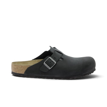 Sabot Birkenstock Boston moodeshop en cuir huilé noir avec semelle anatomique en liège et boucle réglable
