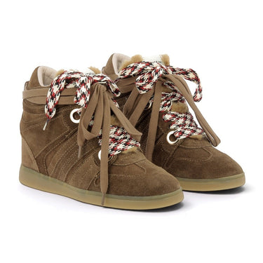 Baskets compensées Serafini Manhattan 58 moodeshop en croûte de cuir velours marron avec fourrure et lacets bicolores