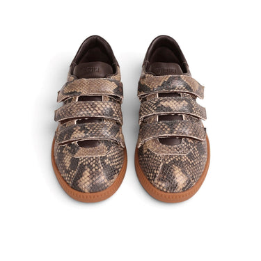 Sneakers Bronx bob-bie de moodeshop en cuir effet serpent couleur stone olive avec fermetures à scratch et semelle gomme