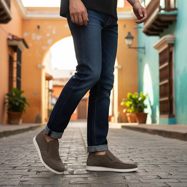 Moodeshop taupe suede desert moccasins with leather lining and stitched rubber sole. Artisanally made.