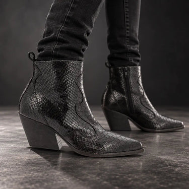 Boots E2040 Mamba Serpent Ebano noir avec texture serpent, talon géométrique, styling rock