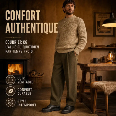 Homme portant pull irlandais taupe et chaussure Courrier CG cuir noir avec semelle crantée, ambiance hivernale chaleureuse