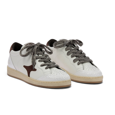 Baskets Ama brand moodeshop blanches et marron en cuir craquelé avec semelle gomme vintage et lacets bicolores