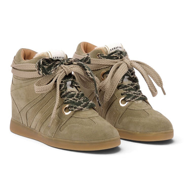 Basket compensée Serafini Manhattan 50 en cuir velours khaki avec doublure sherpa et lacets épais chez moodeshop