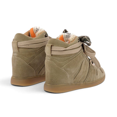 Basket compensée Serafini Manhattan 50 en croûte de cuir velours kaki avec doublure en sherpa chez moodeshop