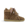 Basket compensée Serafini Manhattan 58 moodeshop en croûte de cuir velours marron avec lacets bicolores