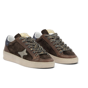 Baskets Ama brand moodeshop en cuir et daim marron avec lacets imprimé léopard et semelle effet vintage