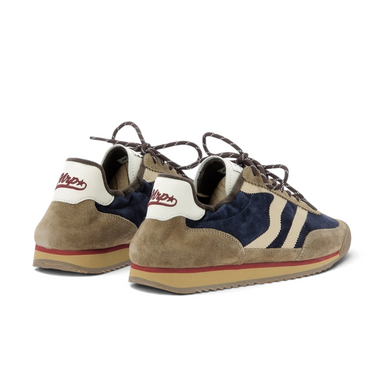 Baskets artisanales moodeshop Utah en cuir velours taupe et bleu avec semelle en gomme et lacets bicolores