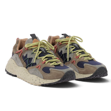 Baskets artisanales moodeshop Yamabushi en daim et nylon marron, bleu marine et beige avec semelle trail ultralight