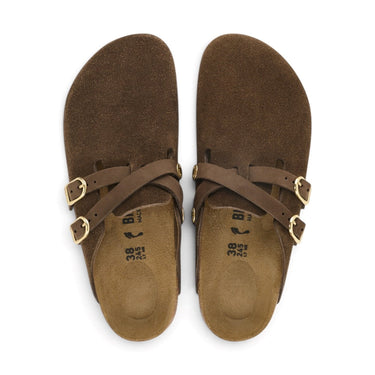 Sandales Birkenstock Blair en daim couleur carafe avec brides croisées et boucles dorées, vue de dessus