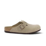 Sabot Birkenstock Boston moodeshop en cuir velours marron tabac avec semelle en liège et boucle réglable