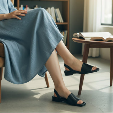 Moodeshop black nappa leather slingback sandals with a low heel and square toe. Artisanally made in Portugal.
