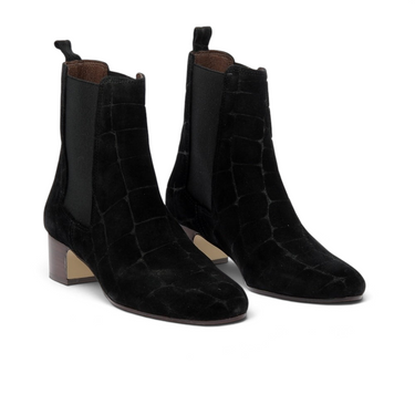 Boots Chelsea moodeshop Niabella noires en daim effet croco avec talon de 3 cm, fabriquées artisanalement au Portugal