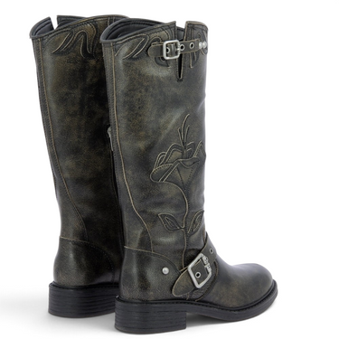 Bottes biker Ash pour moodeshop en cuir noir vieilli avec broderies florales, boucles métalliques et talon bas