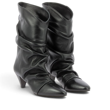 Bottes moodeshop en cuir nappa noir avec tige souple froncée et talon recouvert de 6 cm, fabrication italienne