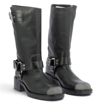 Bottes artisanales Gisel moiré Chester vintage fumo en cuir noir avec brides et boucles, vendues par moodeshop