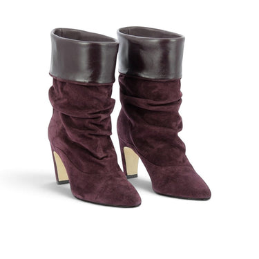 Bottes artisanales moodeshop en daim prune avec tige souple, talon recouvert de 6 cm et doublure en cuir italien