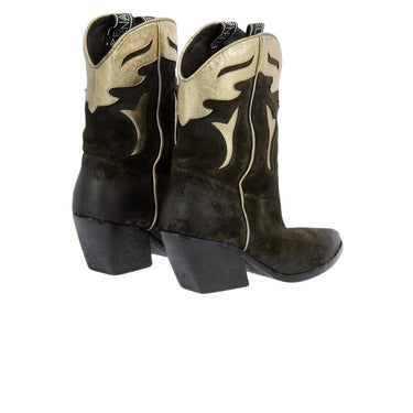 Bottes western Elena iachi  en cuir velours kaki et détails dorés avec talon biseauté artisanal